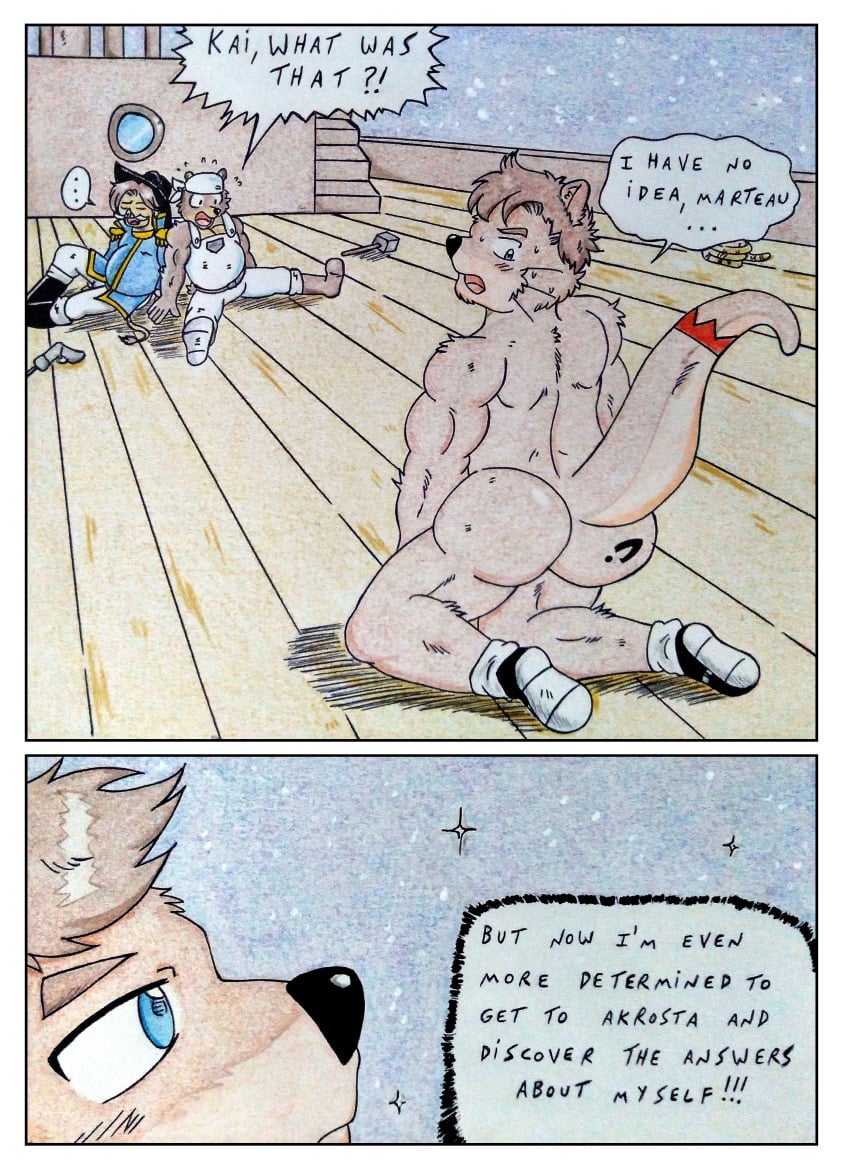 absurd_res anthro ass bandana barazoku bear biceps big_butt black_nose blue_clothing blue_eyes blue_topwear blush bodily_fluids boots border brown_body brown_fur brown_hair bulge butt_tattoo clothed clothing comic comic_panel dashthefox dialogue english_text floor footwear footwear_only fur hair hat headgear headwear hi_res kai_(dash_fox) kerchief looking_back looking_to_sky male mammal manly markings marteau mostly_nude multicolored_body multicolored_fur musclegut muscular muscular_anthro muscular_arms muscular_male mustelid night nude nude_anthro nude_male otter overweight overweight_anthro overweight_male ship ship_deck shoes shoes_only speech_bubble suid suina sus_(pig) sweat sweatdrop tail tail_markings tan_body tan_fur tattoo text thick_tail thinking topwear traditional_media_(artwork) vehicle watercraft white_bandanna white_border white_clothing white_kerchief wild_boar wood wood_floor