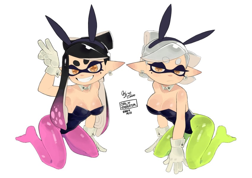 beauty_mark big_breasts breasts bunny_ears bunny_girl bunnysuit callie_(splatoon) cleavage feet feet_in_stockings hi_res looking_at_viewer marie_(splatoon) on_knees orlycuster pantyhose peace_sign smile splatoon