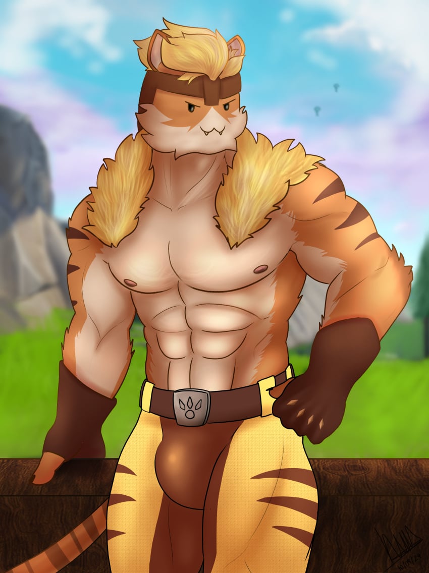 absurd_res anthro bulge colored english_text felid feline hi_res invalid_tag lewd_catto male mammal marvel marvel_comics meowtooth_(fortnite) muscular sky solo text