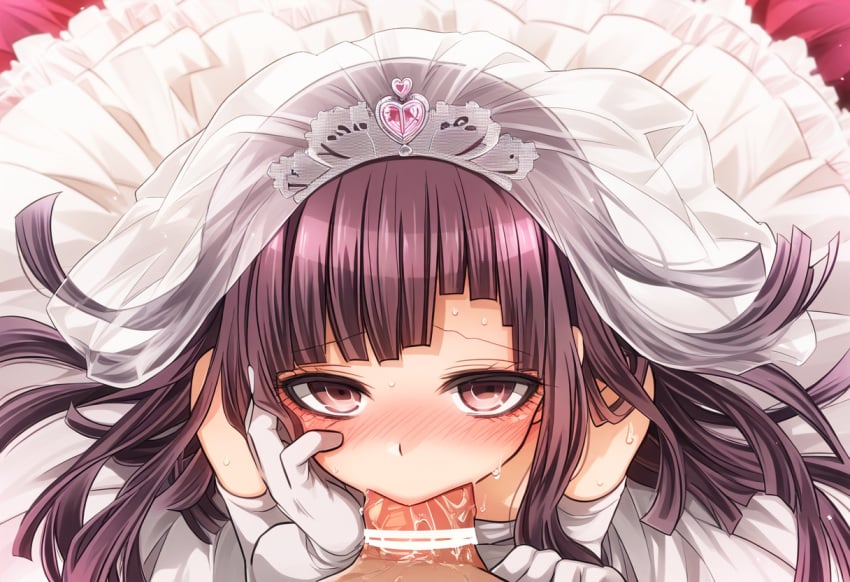 1boy ai_generated blowjob blush bridal_veil danganronpa deepthroat fellatio female hand_on_own_face novelai pink_eyes purple_hair tsumiki_mikan uneven_bangs wedding_dress white_gloves