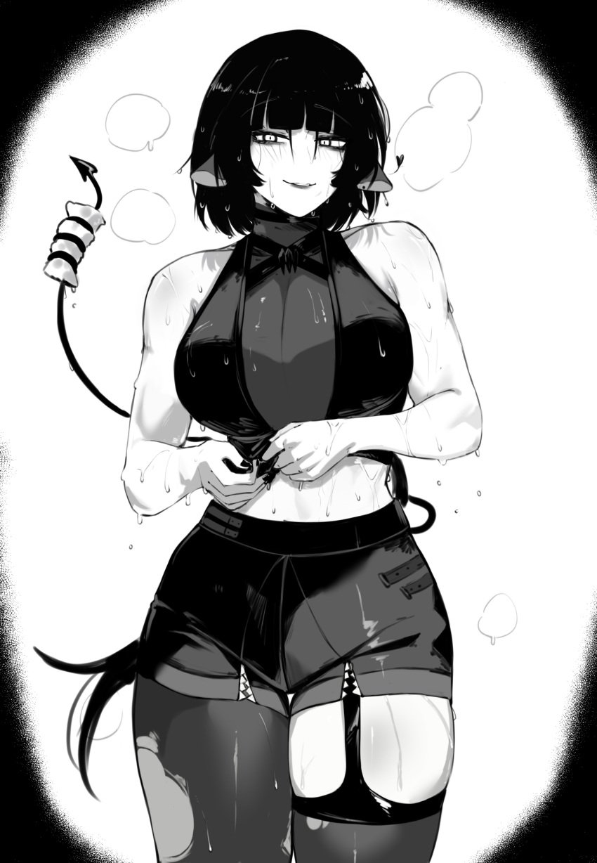 1female 2024 animal_ears animal_tail asymmetrical_legwear bare_arms bare_midriff bare_shoulders black_hair bob_cut crop_top curvy female female female_focus female_only jane_doe_(zenless_zone_zero) large_breasts masoq095 monochrome sfw shorts slim_waist sweat sweaty sweaty_body thick_thighs torn_clothes torn_clothing torn_legwear torn_pantyhose zenless_zone_zero