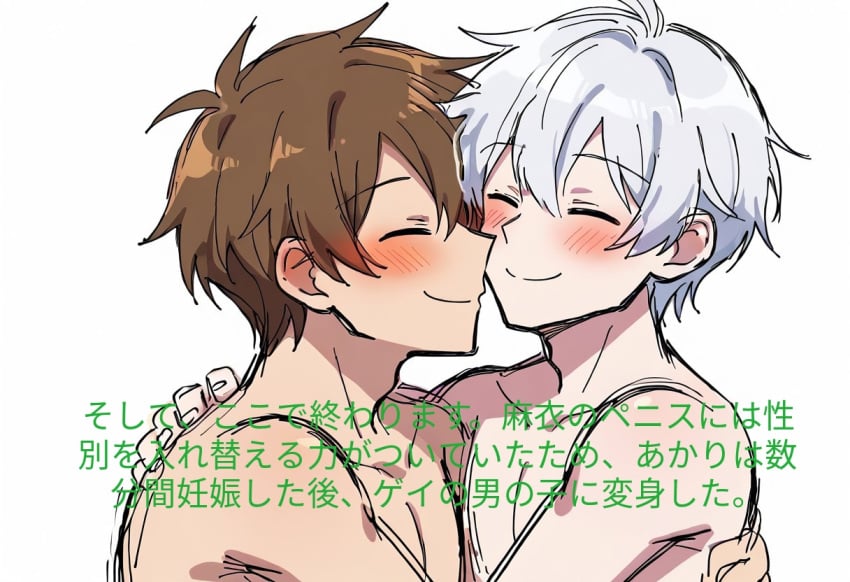 2boys adams_apple ahoge ai_generated akari_oborodzuka blossomtea blush blush_lines brown_hair civitai closed_eyes closed_mouth closed_mouth_smile collarbone colored colored_sketch eyebrows eyebrows_visible_through_hair gay gay_couple genderswap_(ftm) hugging japanese_text mai_shishikusa male_only masa_works_design oni_to_kitsune_no_hanashi rule_63 self_upload shiny shiny_hair short_hair simple_background sketch text translation_request upper_body white_background white_hair yaoi