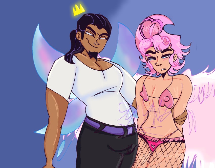 1femboy 2males 5sn5ke :3 annoyed_expression clothed cupid cupid_(fop)_ dark-skinned_male facial_hair fishnets gay juandissimo_magnifico nickelodeon nicktoons nipple_bulge nipples_visible_through_clothing no_sex pink_hair ponytail size_difference skimpy_clothes small_waist the_fairly_oddparents thong_bikini thong_straps