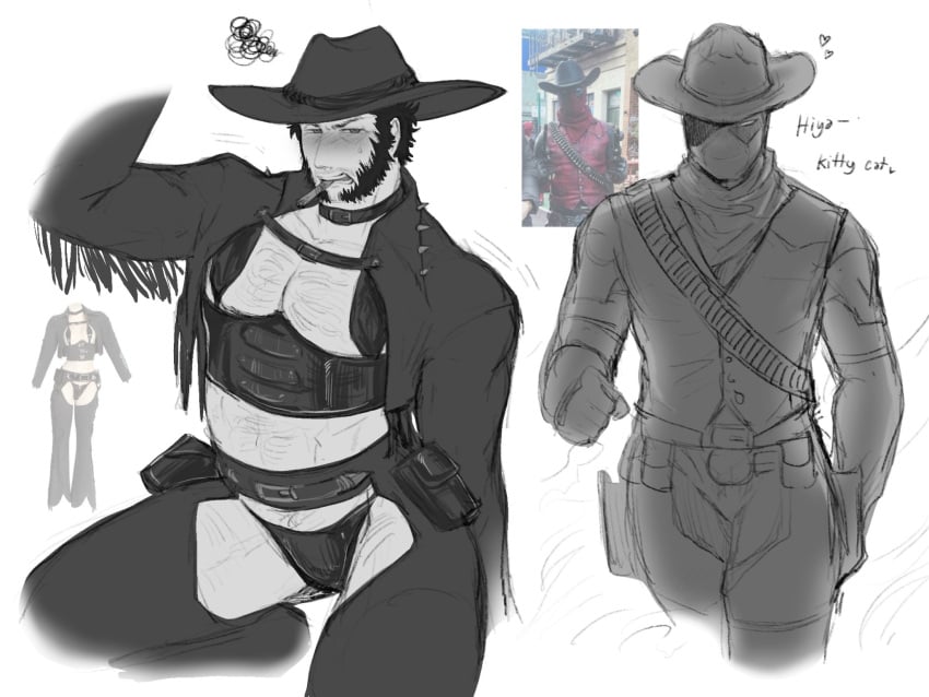 2boys baimonbluewhale blush chest_hair cigar cowboy cowboy_hat cowgirl_outfit crossdressing deadpool deadpool_&_wolverine_(2024) english_text feminization gay hairy large_pectorals looking_at_another male male_focus marvel marvel_cinematic_universe marvel_comics monochrome muscular_male pectorals photo_reference thong wolverine_(x-men) x-men yaoi