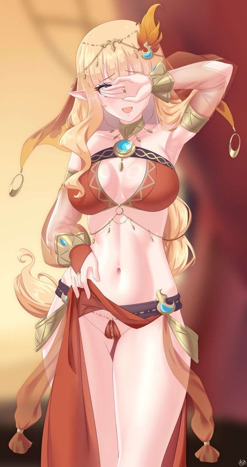 alternate_costume arada_(corsair_zero) armlet armpits belly_dancer_outfit blonde_hair blue_eyes blush blushing_at_viewer braided_ponytail circlet corsairzero11 covering_eyes dancer dancer_outfit detached_sleeves elf elf_girl female fire_hair_ornament gold_trim golden_bracelets hair_jewelry hair_ornament harem_girl harem_outfit lifting_own_clothes lifting_skirt midriff navel neck_ring o-ring saren_(princess_connect!) saren_(sarasaria)_(princess_connect!) sarong sarong_aside sarong_lift sidelocks solo_female solo_focus thick_thighs veil wavy_hair