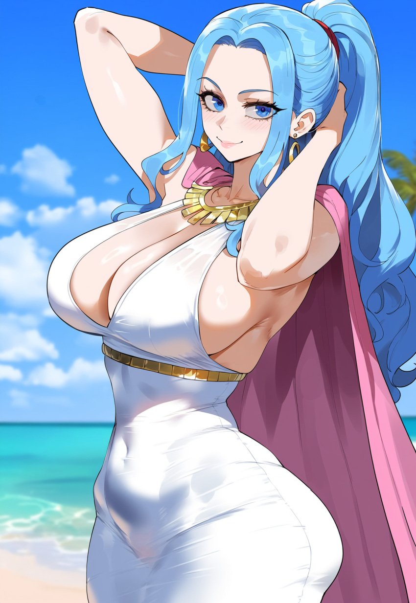 ai_generated arms_behind_head beach blue_eyes blue_hair cape cleavage creamy_ai curvy dress female female_only large_breasts long_hair nefertari_vivi one_piece pink_cape ponytail thick_thighs white_dress wide_hips