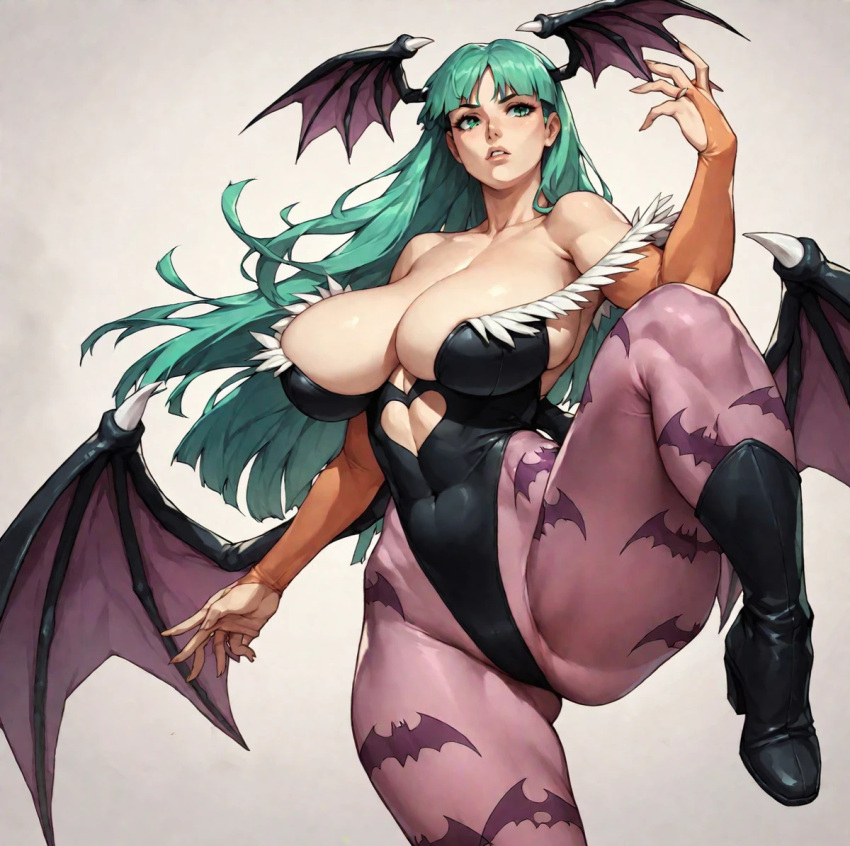 ai_generated athletic_female bare_legs big_breasts big_woman bigger_female capcom darkstalkers demon_girl green_eyes green_hair huge_breasts huge_thighs light-skinned_female light_skin long_hair massive_breasts morrigan_aensland solo_female squatting succubus sweat sweatdrop thick_thighs thighs voluptuous voluptuous_female w77qzotrrb1oslo