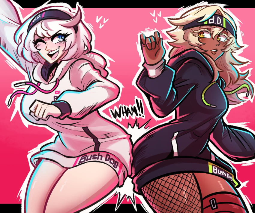 2girls ass_to_ass blue_eyes dark-skinned_female dark_skin elphelt_valentine female_only fishnet_legwear guilty_gear happy_face hearts_around_head hoodie light-skinned_female light_skin ramlethal_valentine scruffyturtles tagme white_hair yellow_eyes