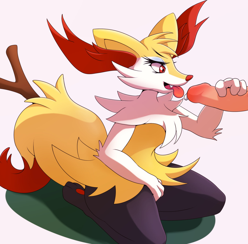 2014 anthro braixen disembodied_penis duo female handjob humanoid_penis kneeling looking_at_penis maishida male nintendo nude penis penis_grab pokémon_(species) pokemon pokemon_(species) precum sex simple_background solo_focus straight tongue tongue_out video_games