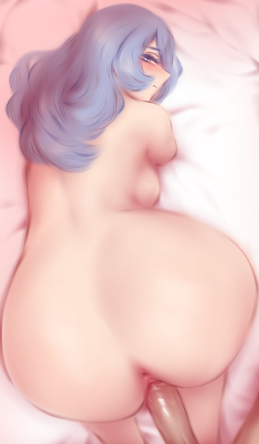 1boy 1girls all_fours anus ass bed_sheet blue_eyes blue_hair boku_no_hero_academia breasts completely_nude female hadou_nejire highres looking_back my_hero_academia nude sex sex_from_behind shpo sideboob solo_focus straight vaginal_penetration