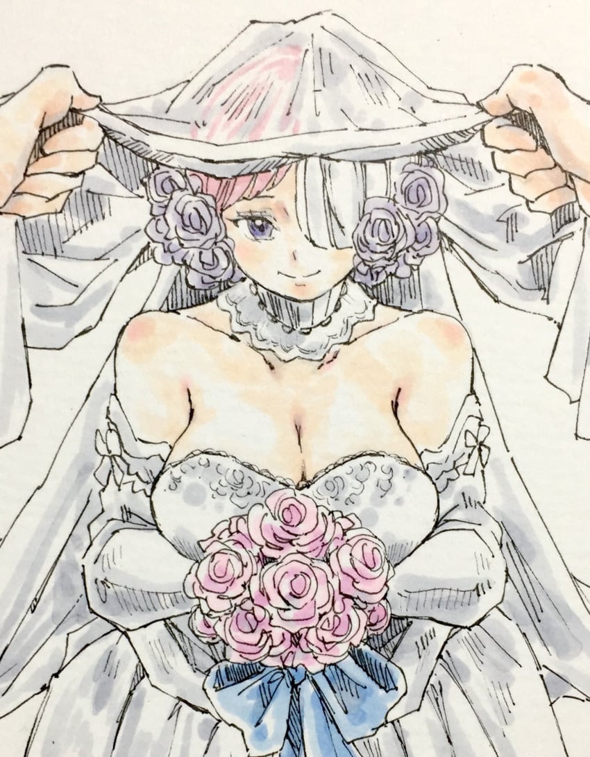 cleavage female female_focus flowers large_breasts male one_piece pink_flower puipui tagme uta_(one_piece) wedding_dress wedding_veil white_dress