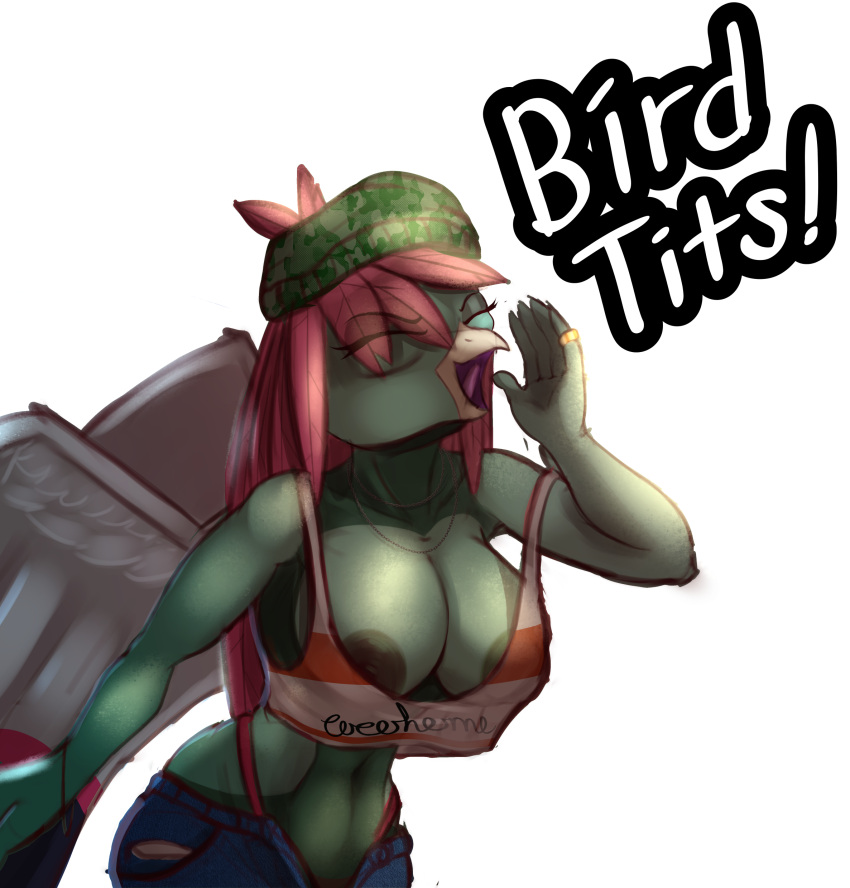 anthro areolae avian big_breasts bird bottomwear clothed clothing cosmonaut female female_only finger_ring green_feathers hat headwear huge_breasts ineffective_clothing large_breasts necklace pokemon_(species) red_hair ring screaming shouting solo solo_female text topwear visible_areolae wings xatu zemmy_(cosmonaut)