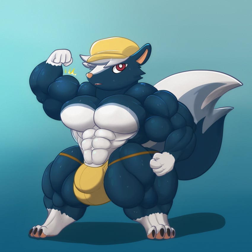 1:1 4_fingers abs animal_crossing anthro big_bulge big_muscles bodily_fluids bulge clothed clothing fingers flat_cap fur genitals hat headgear headwear hi_res huge_bulge huge_muscles hyper hyper_genitalia hyper_muscles kicks_(animal_crossing) looking_at_viewer male mammal mephitid muscular muscular_anthro muscular_male nintendo pecs simple_background skunk solo underwear vezerem