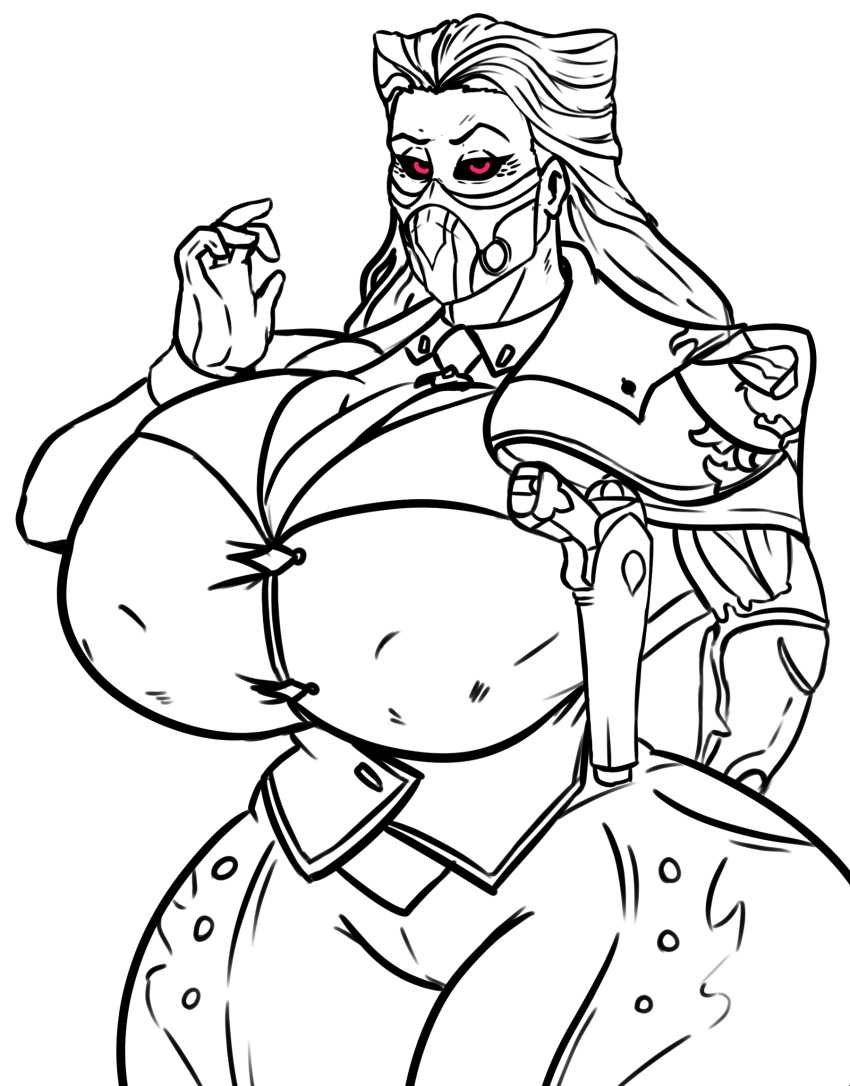 big_breasts clothed clothed_breasts female female_only half_mask huge_breasts huge_thighs league_of_legends line_art mask renata_glasc sob4art suit