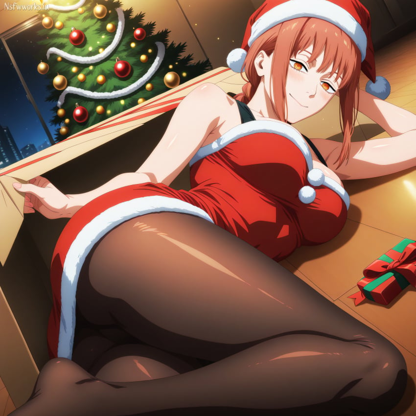 1boy1girl 1girls ai_generated anime anime_style barefoot breasts brush chainsaw_man christmas christmas_hat christmas_outfit evil_smile female_focus gift gift_box makima_(chainsaw_man) nsfwworks.ia penis pose red_hair seductive seductive_smile sexy_pose yellow_eyes