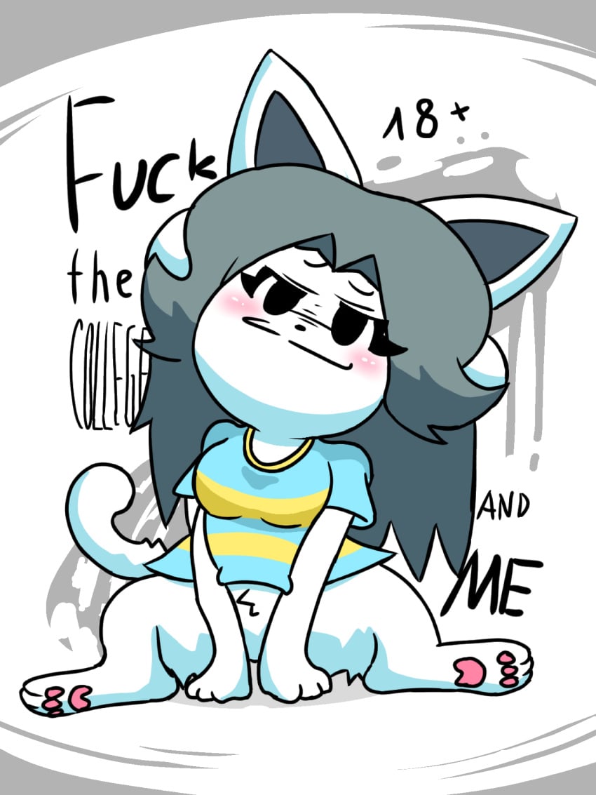 1girls blue_shirt cat_ears cat_tail catgirl clothing feline female female_only grey_hair mocking solo temmie temmie_(undertale) undertale_(series) white_body white_fur white_skin