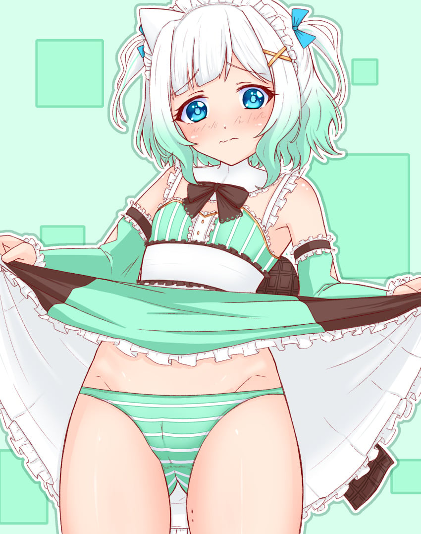 1girls apron clothes_lift ghost_girl highres indie_virtual_youtuber kisaragi_1go maid maid_apron maid_headdress maid_mint mint_fantome mole panties skirt skirt_lift underwear virtual_youtuber vtuber