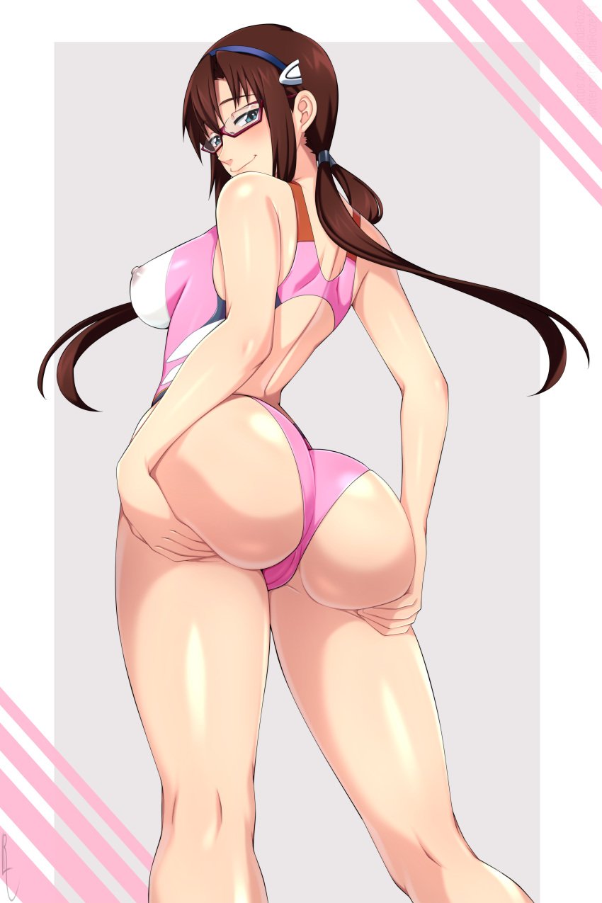 1girls ass booty glasses large_breasts lindaroze long_hair looking_at_viewer looking_back mari_illustrious_makinami neon_genesis_evangelion nipples nipples_visible_through_clothing pussy pussy_visible_through_clothes rebuild_of_evangelion spread_ass swimsuit tagme white_background