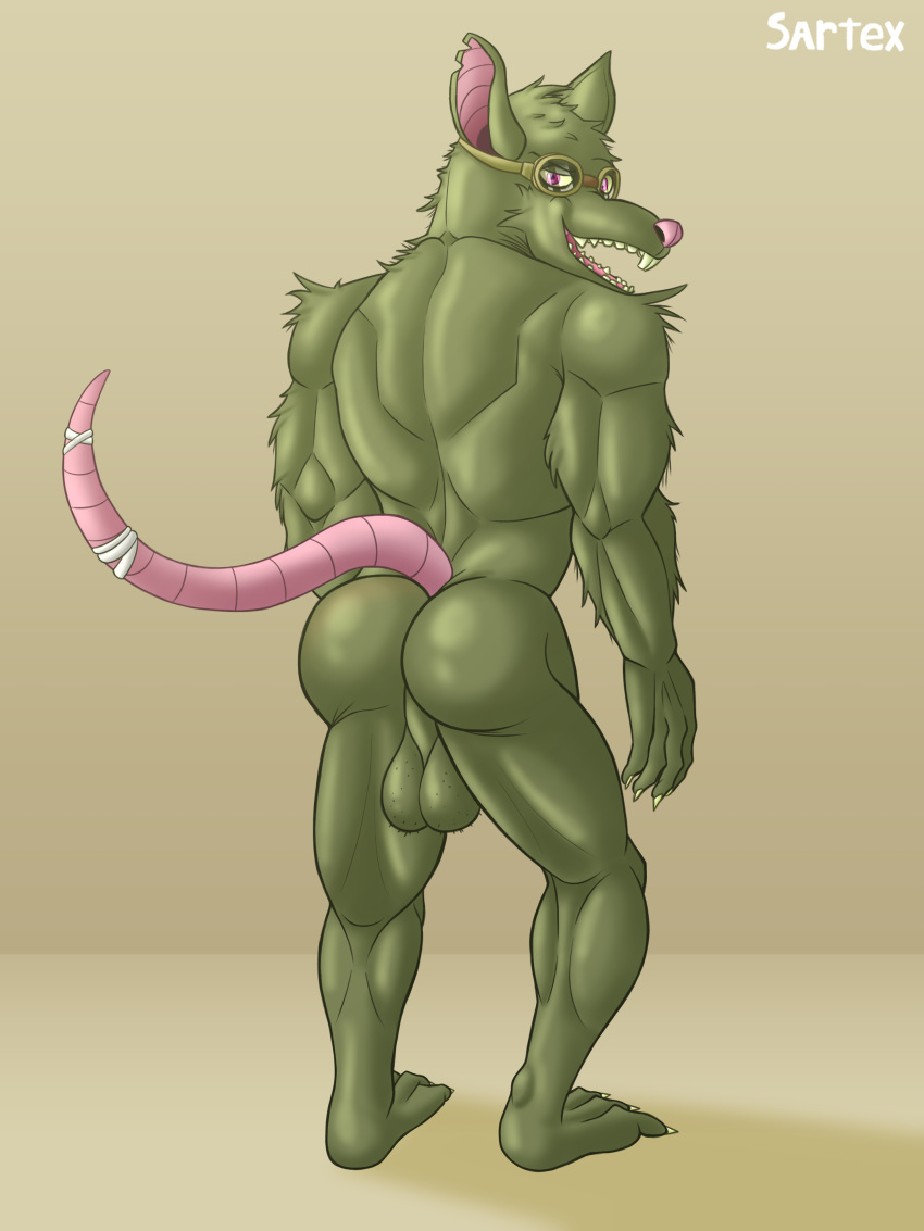 2024 3:4 absurd_res animal_humanoid anthro ass back_muscles backsack balls bandage big_balls big_ears bubble_butt claws digital_drawing_(artwork) digital_media_(artwork) eyewear feet fur genitals green_body green_fur hi_res huge_balls humanoid league_of_legends looking_at_viewer looking_back male male_only mammal mammal_humanoid murid murine muscular muscular_anthro muscular_arms muscular_legs muscular_male nails nude nude_anthro nude_male open_mouth open_smile pink_eyes pink_nose rat rat_tail riot_games rodent rodent_humanoid saggy_balls sartex signature simple_background smile solo tail teeth tencent twitch_(lol)