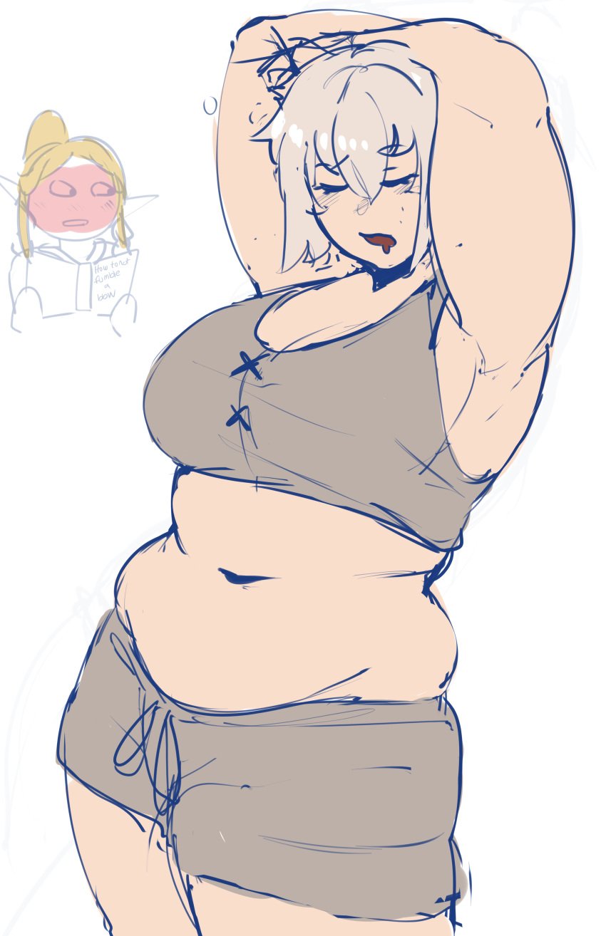 armpits arms_behind_head arms_up bbw blonde_hair blush bound breasts chubby cleavage delicious_in_dungeon dungeon_meshi falin_touden holding_book holding_object large_breasts marcille_donato midriff navel open_mouth plump puzzled_artist reading_book short_hair shorts simple_background sketch solo_focus sports_bra stomach white_background