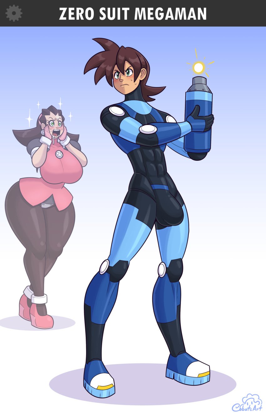 1boy 1girls adapted_costume arm_cannon artist_logo artist_name artist_signature blush bodysuit brown_hair bulge bulge_through_clothing capcom clothed cobatsart drooling female_in_background gradient_background green_eyes heart_eyes large_ass large_breasts large_bulge male_focus mega_man mega_man_legends mega_man_volnutt ogling skin_tight skinsuit sparkles super_smash_bros. sweat sweaty_face tagme tron_bonne wedge_heels wide_hips