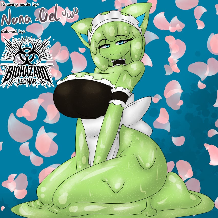 biohazardleonar blue_eyes green_skin maid maid_headdress maid_outfit midori_gel monster_girl nana_gel shiny_skin slime slime_girl slime_monster