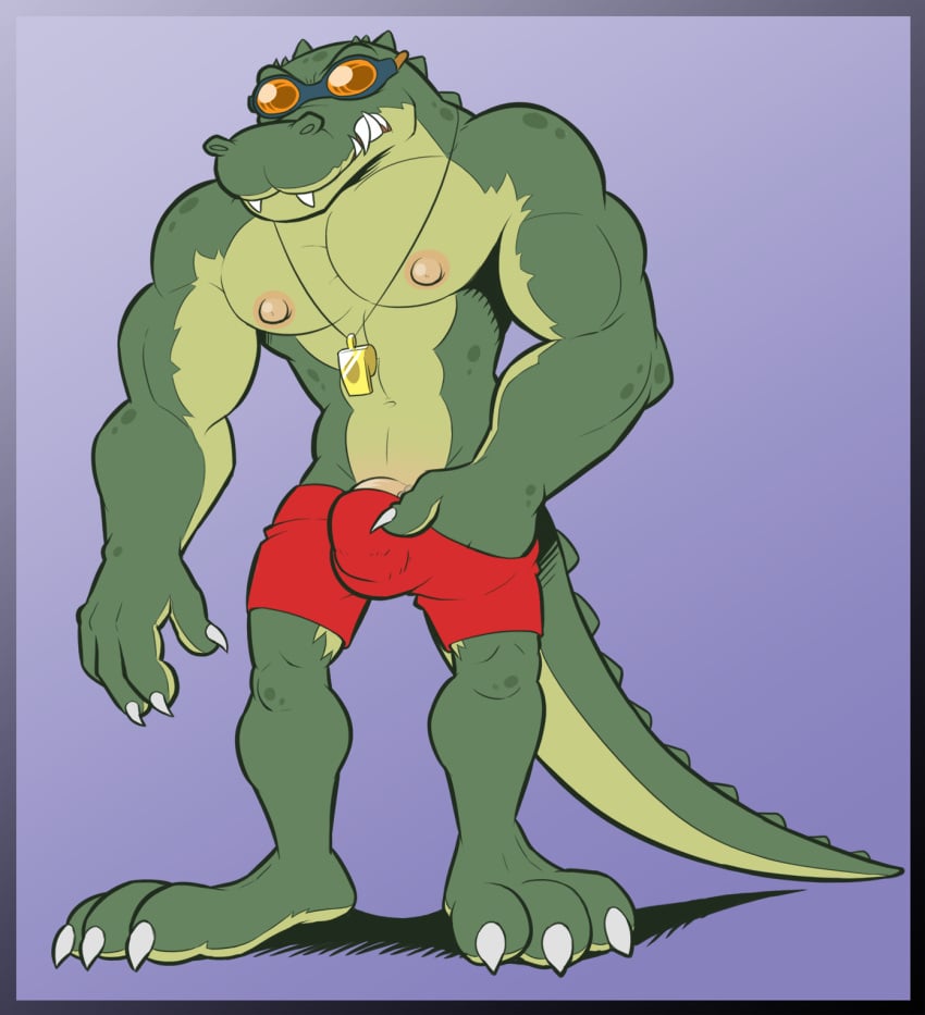 1boy abs anthro anti_dev biceps big_muscles bulge claws clothed clothing crocodile crocodilian eyewear goggles green_skin hi_res league_of_legends lifeguard male male_only muscular nipples pecs penis penis_base pool_party_renekton pool_party_series renekton reptile scalie shorts solo standing swimsuit teeth toe_claws topless vein whistle