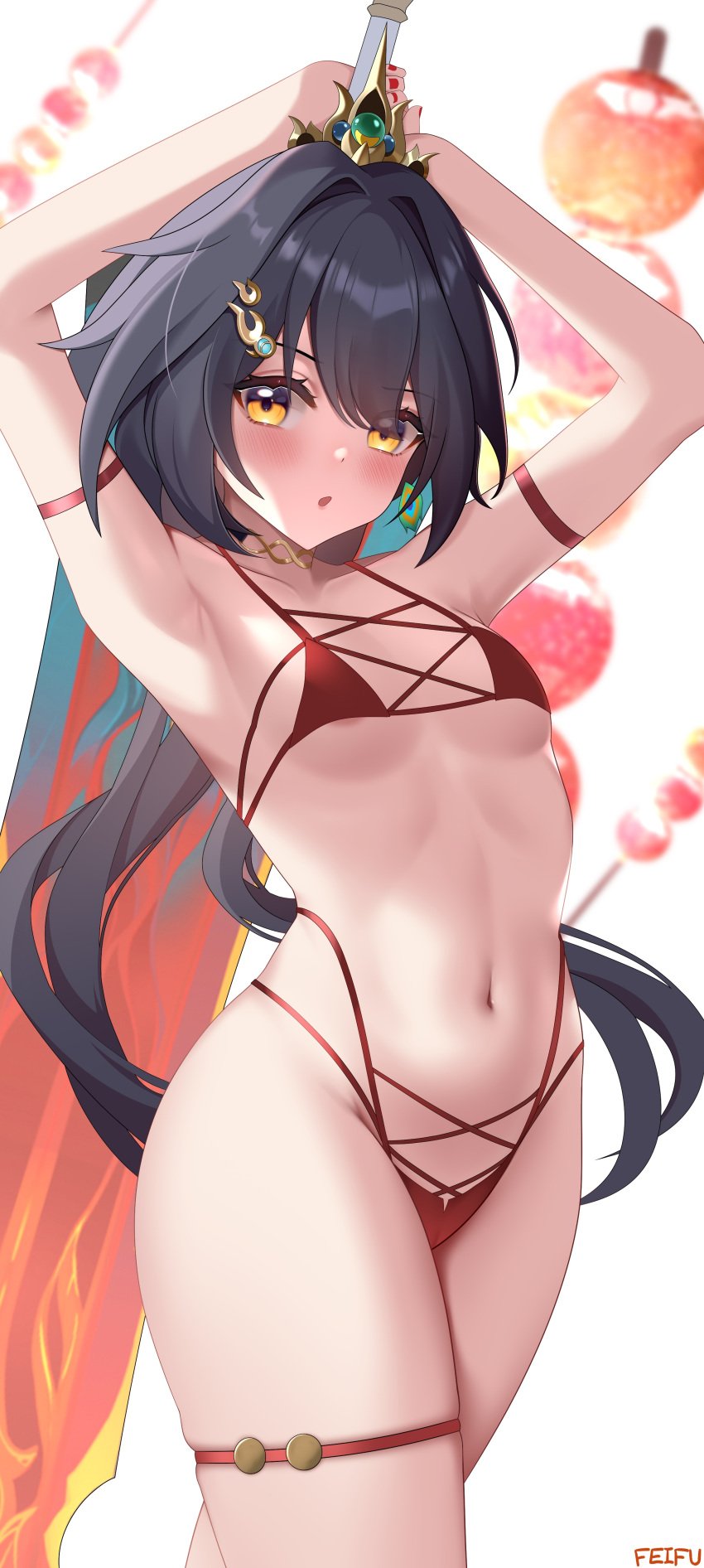 1girls armpits arms_up belly_button bikini blush feifu honkai:_star_rail small_breasts yunli_(honkai:_star_rail)