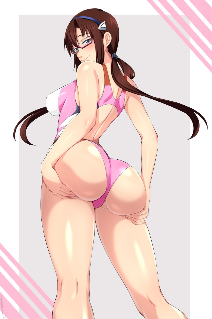 ass booty glasses large_breasts lindaroze long_hair looking_at_viewer looking_back mari_illustrious_makinami neon_genesis_evangelion rebuild_of_evangelion spread_ass swimsuit tagme