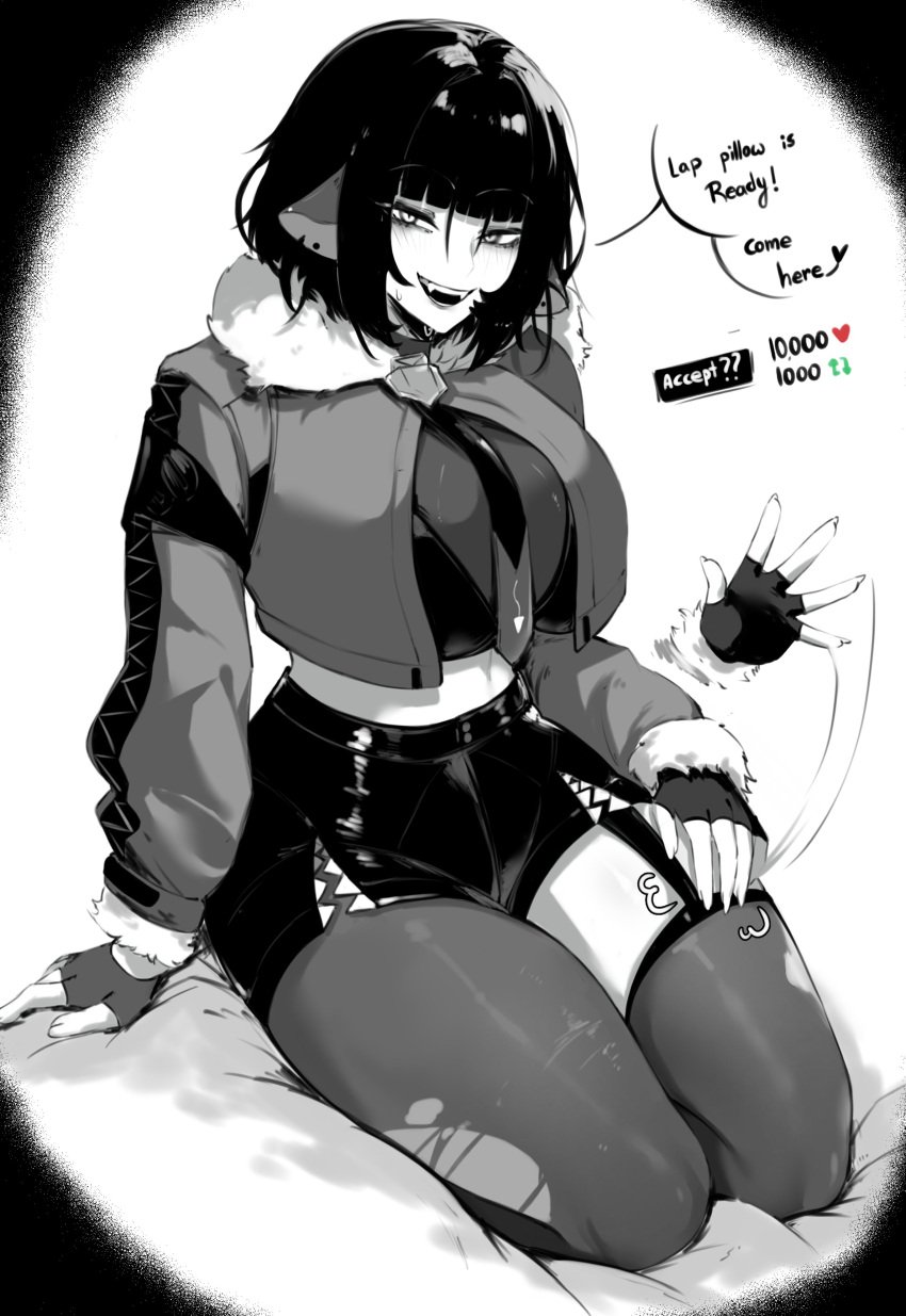 2024 animal_ears animal_tail asymmetrical_legwear black_hair blush bowtie crop_top fangs female female fingerless_gloves fingers jacket jane_doe_(zenless_zone_zero) large_breasts masoq095 monochrome sfw shorts sitting smile thick_thighs thighs torn_clothes torn_clothing torn_legwear torn_pantyhose zenless_zone_zero