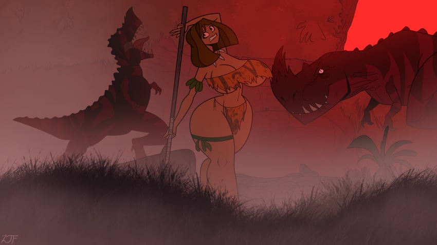 1girls adult_swim artist_signature background barefoot barely_clothed belly belly_button big_ass big_breasts black_eyes brown_hair cartoon_network cavewoman clean cosplay courtney_(tdi) crossover detailed_background dinosaur eyelashes fog freckles full_body grass jungle_girl leaf_clothing legs_crossed loincloth makeup navel necklace orange_lipstick pattern_clothing plant pose posing primal_(series) red_sky remastered rock rustysh4ckl3ford scared scared_expression scared_face short_hair small_pupils spear teletoon thick_ass thick_thighs tiger_skin tiger_stripes total_drama_(series) total_drama_island tree tyrannosaurus_rex very_high_resolution