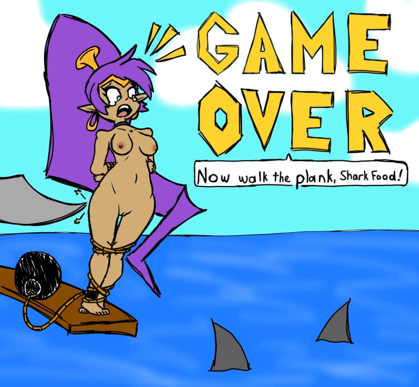 1girls blue_eyes bondage damsel damsel_in_distress digital_drawing_(artwork) digital_media_(artwork) female game_over game_over_screen genie half_genie humiliating humiliation long_ponytail naked naked_female nude nude_female peril pirate pirate_ship poking_ass ponytail purple_hair risky_boots shantae shantae:_half-genie_hero shantae_(character) shantae_and_the_pirate's_curse shark sine420eee walk_the_plank walking_the_plank water