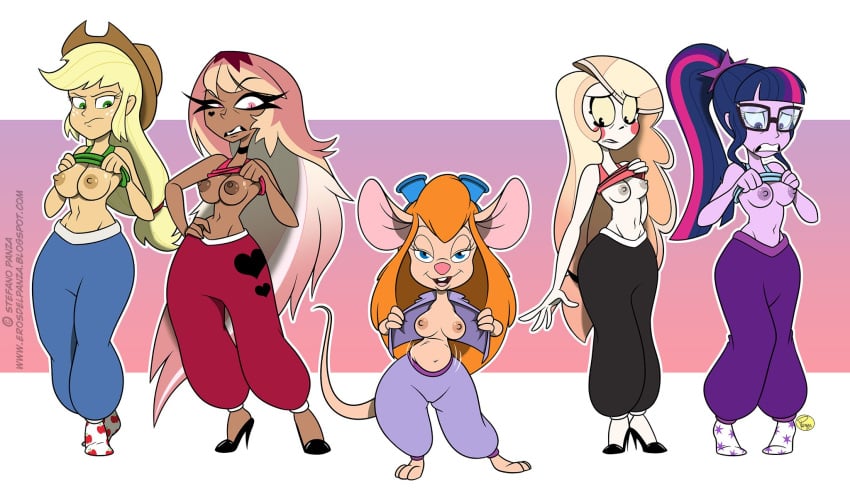 5girls annoyed anthro applejack_(mlp) areolae blue_eyes breasts charlie_morningstar_(hazbin_hotel) chip_'n_dale_rescue_rangers crossover dark-skinned_female dark_skin demon demon_girl discovery_family disney embarrassed equestria_girls female female_only flashing flashing_breasts gadget_hackwrench green_eyes hasbro hazbin_hotel helluva_boss human_verosika_mayday ilpanza jealous long_hair mouse multicolored_hair my_little_pony nickelodeon nipples ponytail purple_eyes shirt_lift shortstack smug take_your_pick the_hub twilight_sparkle_(mlp) verosika_mayday_(helluva_boss) vivziepop