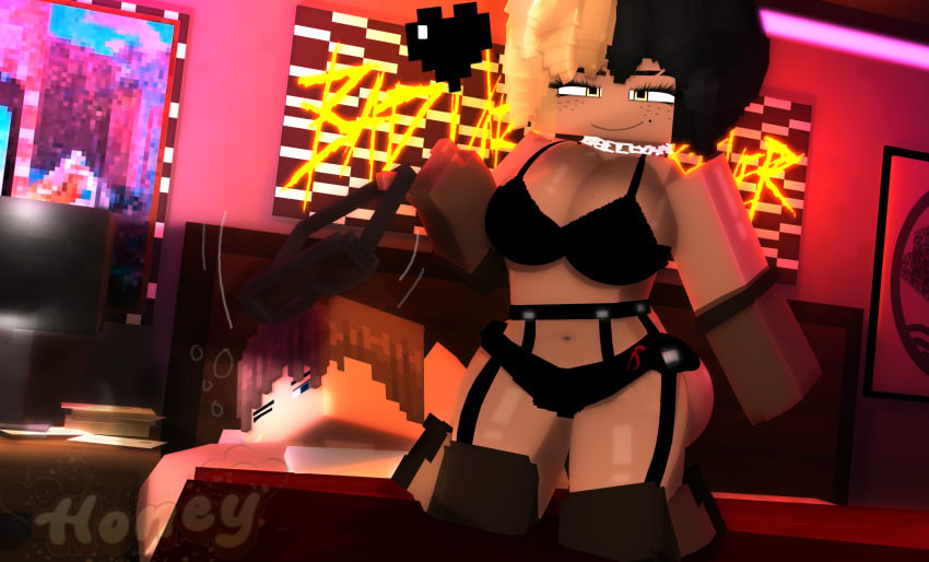 1boy 3d black_and_blonde_hair centrifigual female honey_(theactualhoney) looking_at_viewer mine-imator minecraft rivera_(centrifigual) theactualhoney