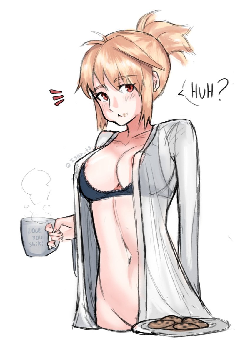 :&lt; alternate_hairstyle arcueid_brunestud areola_slip arms_behind_back belaweb123 black_bra blonde_hair blush bottomless bra breasts chocolate_chip_cookie cleavage closed_mouth coffee_mug collarbone commentary cookie cowboy_shot cropped_legs cup dress_shirt english_commentary english_text female food food_on_face groin hair_between_eyes highres holding large_breasts long_sleeves looking_at_viewer melty_blood mug naked_shirt navel notice_lines open_clothes open_shirt ponytail red_eyes shirt short_hair sidelocks signature simple_background solo speech_bubble standing steam stomach tsukihime twitter_username type-moon underwear white_background white_shirt