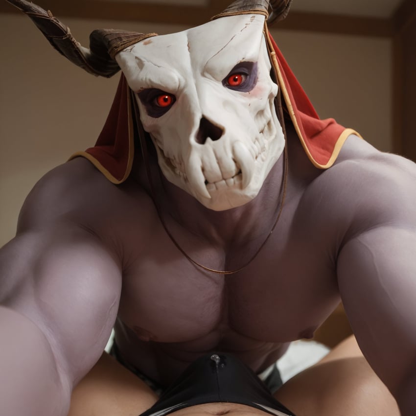 ai_generated bed bedroom cum cum_leaking_from_clothes demon demon_horns elias_ainsworth erection erection_under_clothes erection_under_underwear horns looking_at_viewer male_only mask masked_male muscles muscular muscular_male nipples pecs pectorals penis precum precum_through_clothing precum_through_underwear purple_body purple_skin red_eyes returnthis skull skull_head skull_mask the_ancient_magus_bride underwear