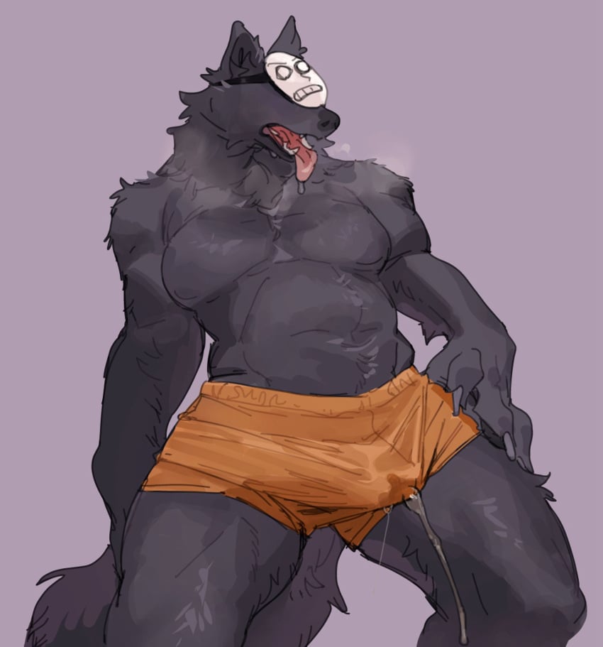 anthro bebebebebe bodily_fluids boxer_briefs boxer_briefs_only canid canine canis clothed clothing erection erection_under_clothing genital_fluids hi_res kedamono_(popee_the_performer) male mammal mask popee_the_performer precum precum_through_clothing solo topless underwear underwear_only wet wet_clothing wolf