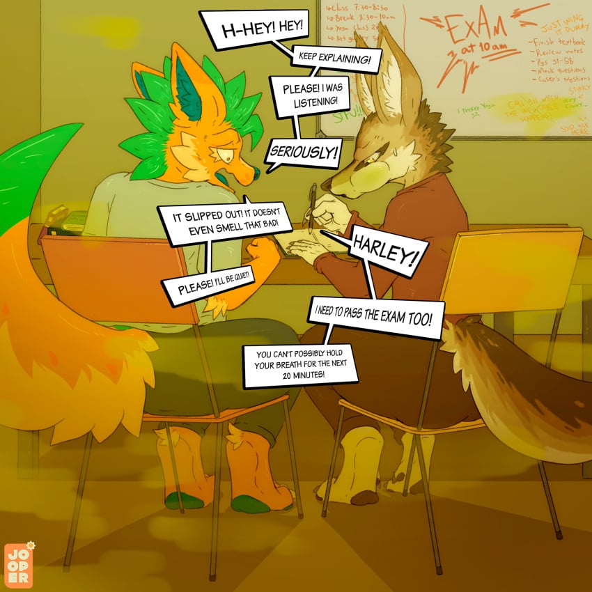 1:1 anthro book canid canine casey_(dmb) chair classroom classroom_desk clothed clothing dialogue disgust disgusted_face duo embarrassed english_text fart fart_cloud fluffy fluffy_tail fox fur furniture gassy hi_res jooper looking_back male male/male mammal multicolored_body multicolored_fur on_chair paper pen school sitting sitting_on_chair smelly speech_bubble stink_fumes tail text uncomfortable