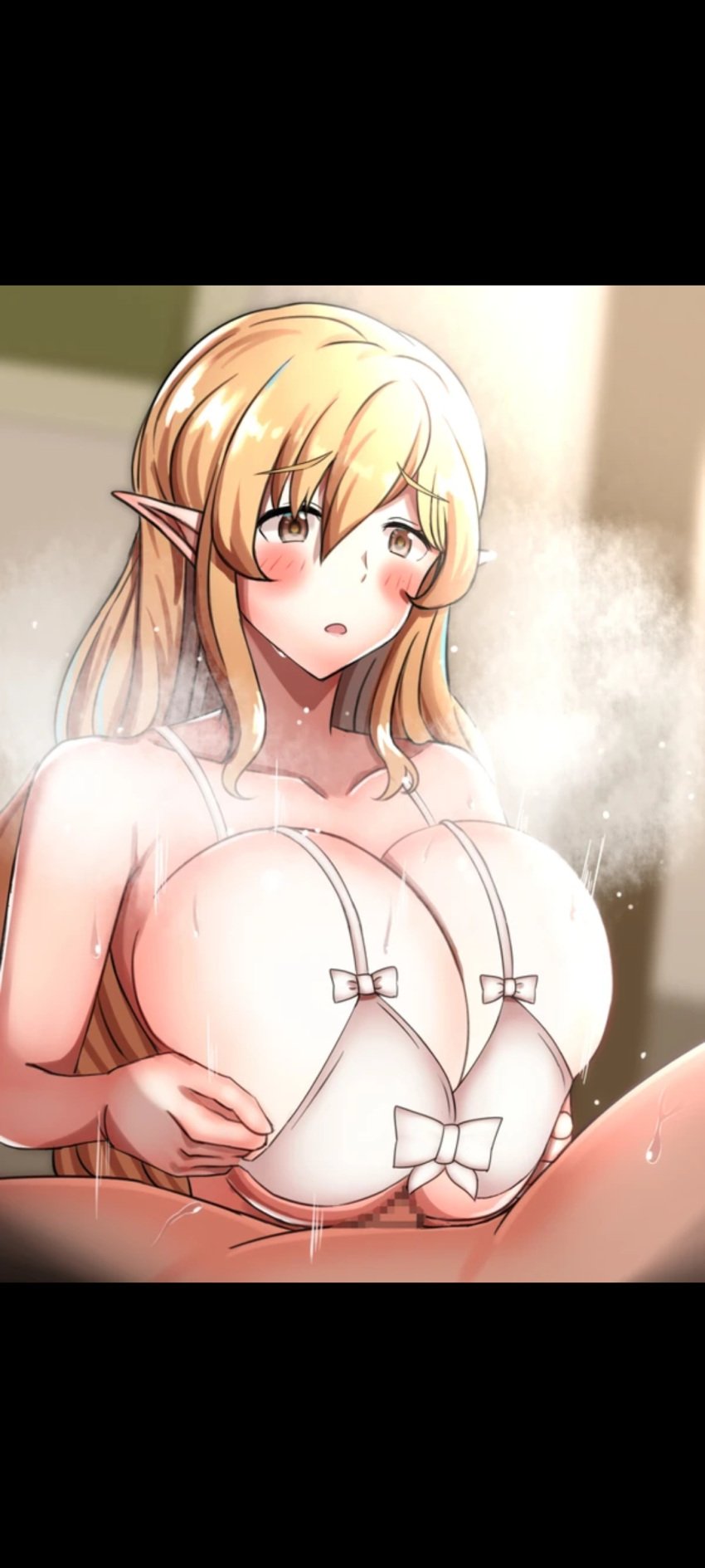 1boy 1girls alicia_forestlight blush bra censored_penis dungeon_ni_deai_wo_motomeru_no_wa_machigatteiru_darou_ka elf elf_female golden_hair huge_breasts long_hair paizuri titjob