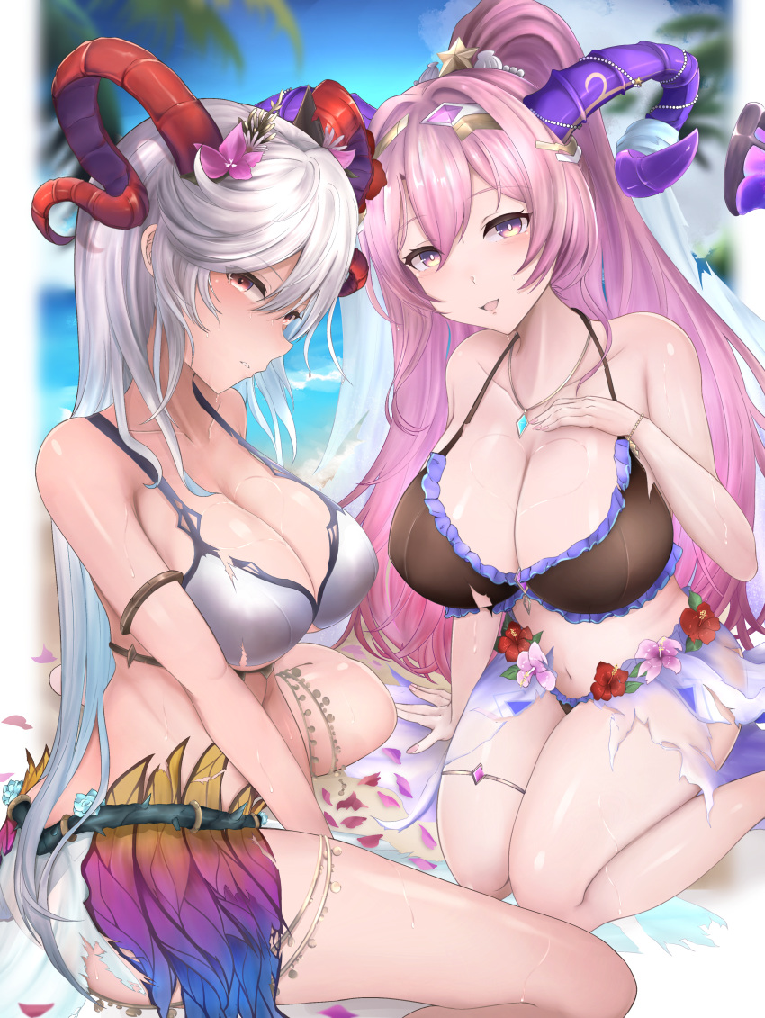 2girls aunt_and_niece bikini cleavage fire_emblem fire_emblem_heroes flower_in_hair freyja_(fire_emblem) freyja_(summer)_(fire_emblem) goat_horns grey_hair horns large_breasts nenemu0 nerthuz_(fire_emblem) nerthuz_(summer)_(fire_emblem) nintendo outdoors pink_eyes pink_hair red_eyes sitting sitting_on_floor swimsuit