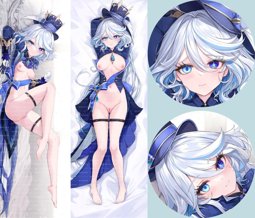 1girls ahoge arms_behind_head asymmetrical_gloves black_gloves blue_coat blue_eyes blue_hair blue_hat blue_pupils blue_ribbon breasts bright_pupils closed_mouth coat commentary_request dakimakura_(medium) female female_only furina_(genshin_impact) genshin_impact gloves hair_between_eyes half_gloves hat heterochromia highres long_hair long_sleeves medium_breasts mismatched_gloves multicolored_hair multiple_views navel nipples open_clothes open_coat pussy ribbon smile streaked_hair thigh_strap watermark white_gloves white_hair zi_tong_zhi_lei