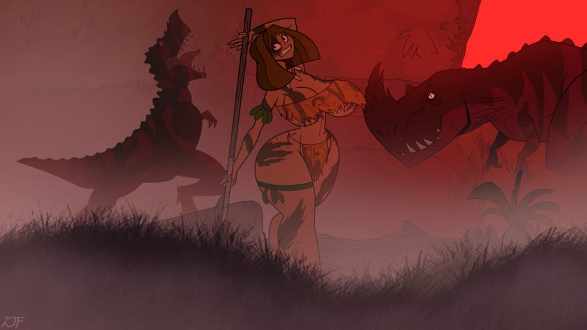 1girls adult_swim artist_signature background barefoot barely_clothed belly belly_button big_ass big_breasts black_eyes brown_hair camouflage cartoon_network cavewoman cosplay courtney_(tdi) crossover detailed_background dinosaur eyelashes fog freckles full_body grass jungle_girl leaf_clothing legs_crossed loincloth makeup mud navel necklace orange_lipstick pattern_clothing plant pose posing primal_(series) red_sky remastered rock rustysh4ckl3ford scared scared_expression scared_face short_hair small_pupils spear teletoon thick_ass thick_thighs tiger_skin tiger_stripes total_drama_(series) total_drama_island tree tyrannosaurus_rex very_high_resolution