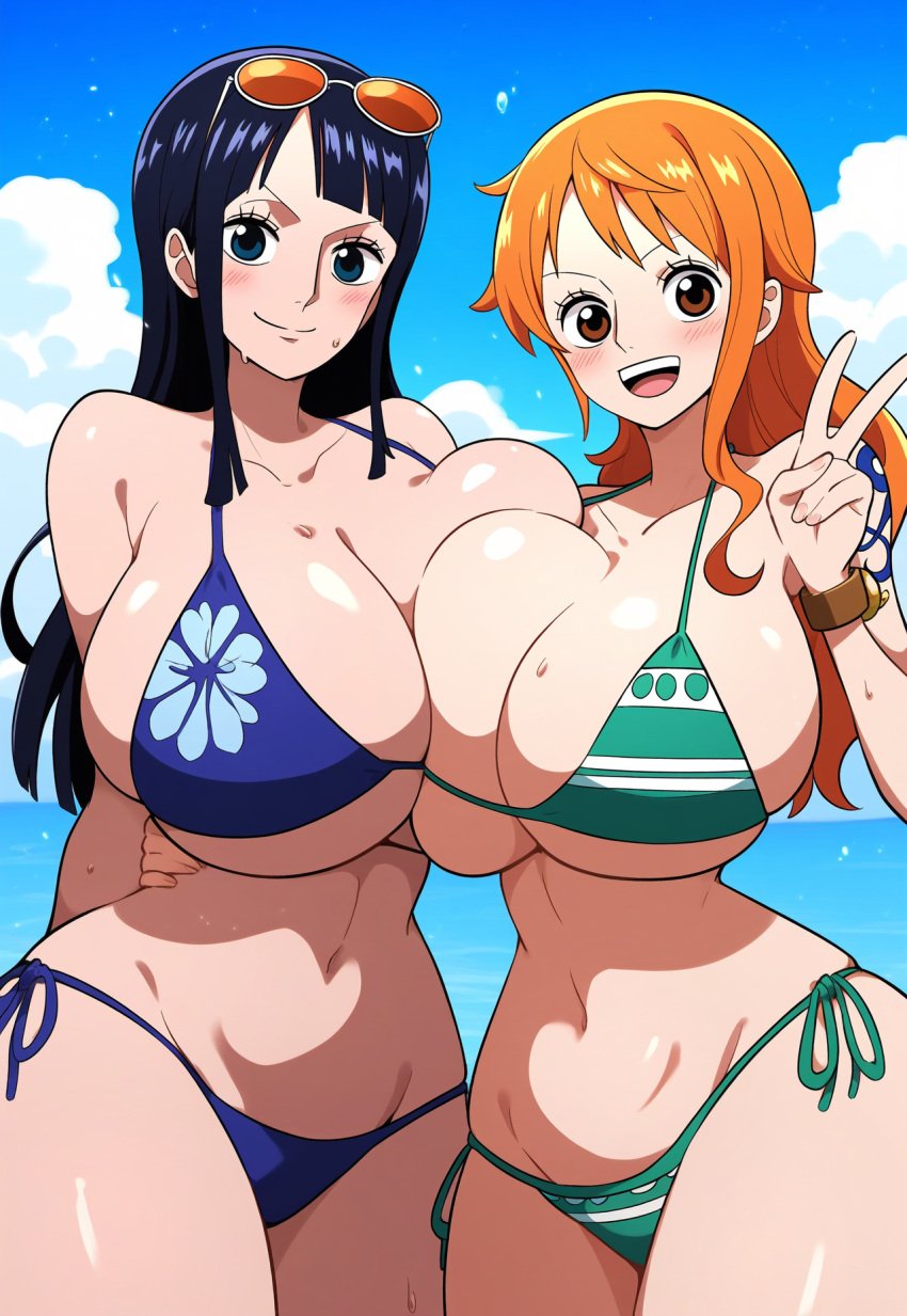 ai_generated artist_request bikini bikini_bottom bikini_top black_hair breasts_to_breasts female female_only gigantic_breasts huge_breasts large_breasts lubbasdump massive_breasts nami nami_(one_piece) nico_robin one_piece orange_hair peace_sign shiny_skin smiling wide_hips