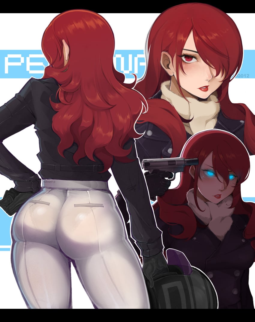 1girls absurdres ass ass_focus breasts female from_behind gun gun_to_head hair_over_one_eye handgun highres holding holding_gun holding_weapon jsq012 long_hair mitsuru_kirijo open_mouth pants pantylines parted_lips persona persona_3 red_eyes red_hair tight_clothes tight_pants weapon