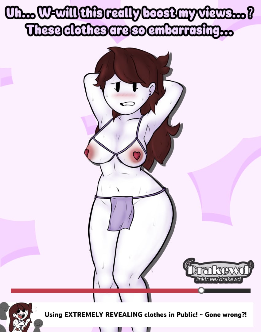 1girls areola_slip areolae areolae_slip arms_behind_head arms_up bikini_top black_eyes breasts breasts_out brown_hair dot_eyes drakewd embarrassed embarrassed_female english_text exhibitionism exhibitionist female female_only heart heart_pasties highres jaiden jaiden_animations jaidenanimations large_areolae large_breasts loincloth no_panties pasties pelvic_curtain presenting presenting_breasts presenting_self self_upload solo sweat sweating text useless_clothes useless_clothing video_recording youtube youtuber youtuber_girl