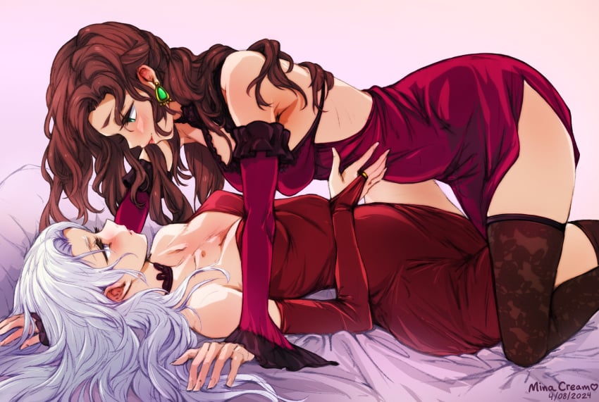 brown_hair dorothea_arnault edelgard_von_hresvelg fire_emblem fire_emblem:_three_houses laying_on_back laying_on_bed medium_breasts minacream nintendo red_dress white_hair yuri