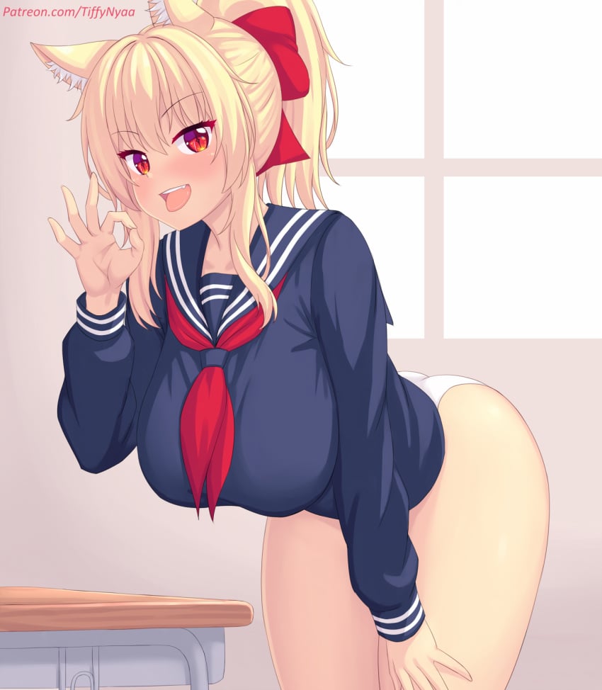 big_ass big_breasts blonde_hair cat_ears catgirl ok_sign panties patreon patreon_username ponytail red_eyes school_uniform schoolgirl seifuku suggestive_gesture tiffy tiffynyaa