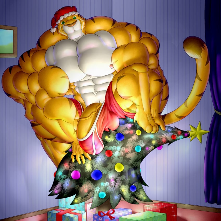 biceps big_muscles christmas christmas_hat christmas_tree furry gifts hyper_balls hyper_muscles hyper_penis josh_(zerozero) joshthetiger naked orange_penis penis_out presents red_pants tail throb tiger triceps zerozero