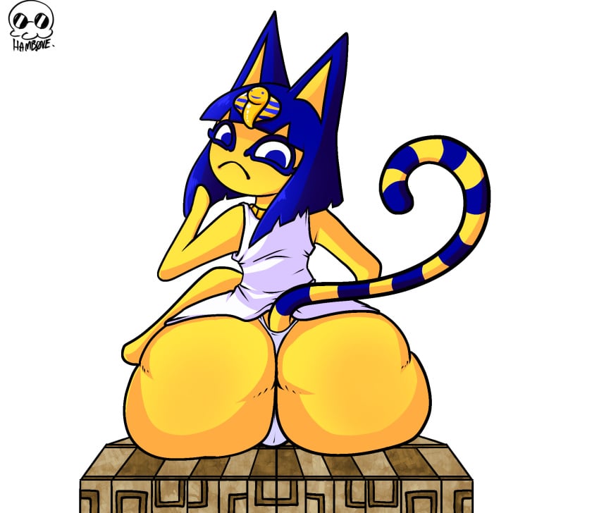 1girls 2d_(artwork) animal_crossing ankha artist_signature ass ass_bigger_than_breasts ass_bigger_than_head ass_bigger_than_torso ass_focus cat_ears cat_tail catgirl fat_ass female female_only hamb0ne hips hips_wider_than_shoulders huge_ass looking_at_ass looking_back nintendo panties sitting text thick_ass thin_waist