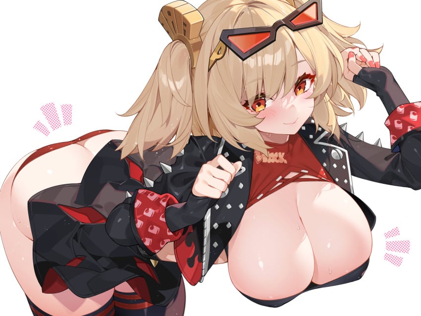 1girls 2d alternate_breast_size ass bent_over blonde_hair blush breasts burnice_white butt_crack cleavage commentary_request english_commentary eyewear_on_head female highres jacket large_breasts looking_at_viewer mixed-language_commentary red_eyes revision skirt smile solo thighs undersized_clothes waterring zenless_zone_zero